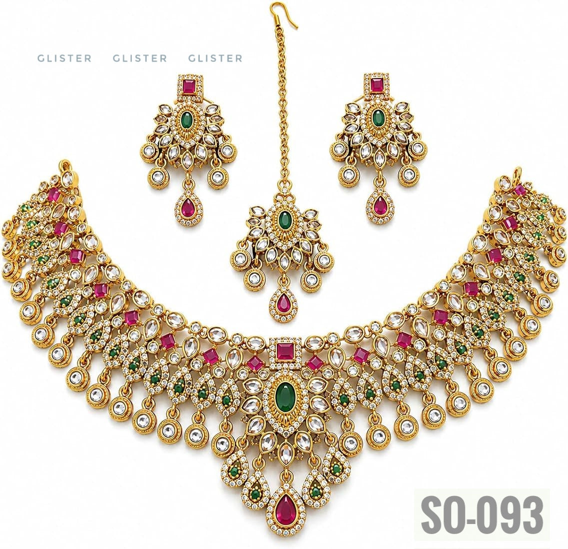Gold-tone wide choker with colored accents, bead fringe, earrings and a forehead ornament