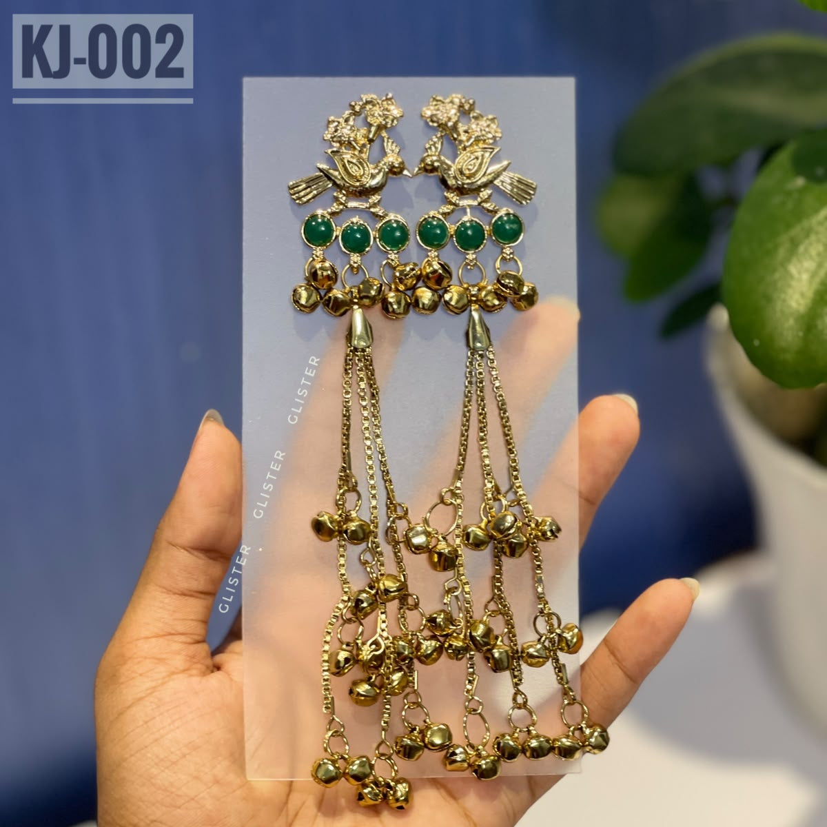 Glister KJ-002: A pair of Kashmiri-inspired long earrings with peacock-inspired tops and round colored accents, hanging chains and clusters of small bell-like drops.